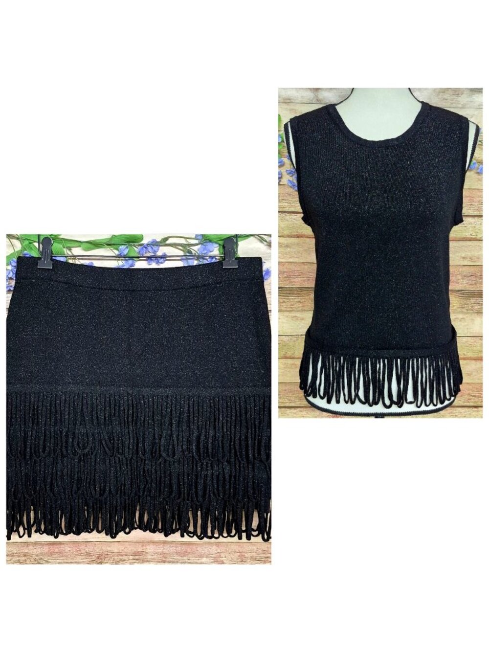Anthropologie Endless Rose Sz L Black Metallic Loop Fringe Mini Skirt & Tank Top